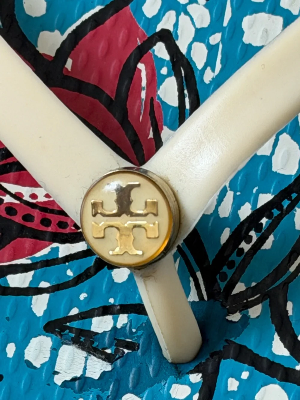 Tory Burch Blue Floral Print Flip Flops with Cream Straps